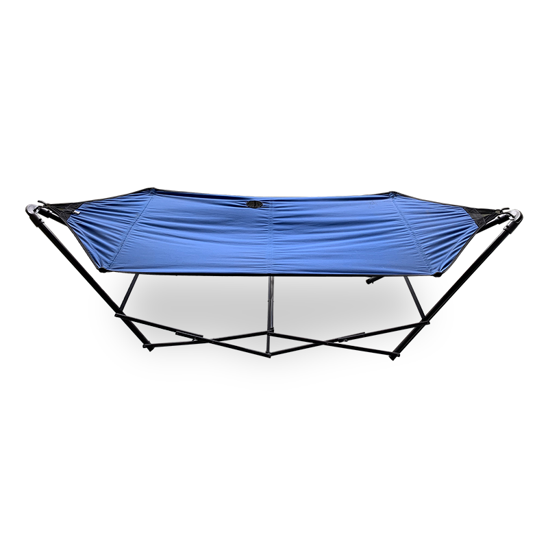 Bærbar foldning hængekøje lounge camping seng stål ramme stand m/bærepose blå