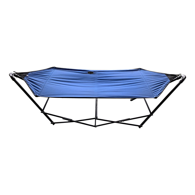 Bærbar foldning hængekøje lounge camping seng stål ramme stand m/bærepose blå