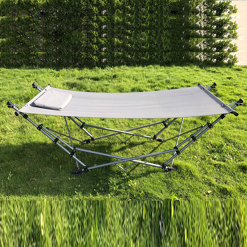 Bærbar foldning hængekøje lounge camping seng stål ramme stand m/bærepose blå